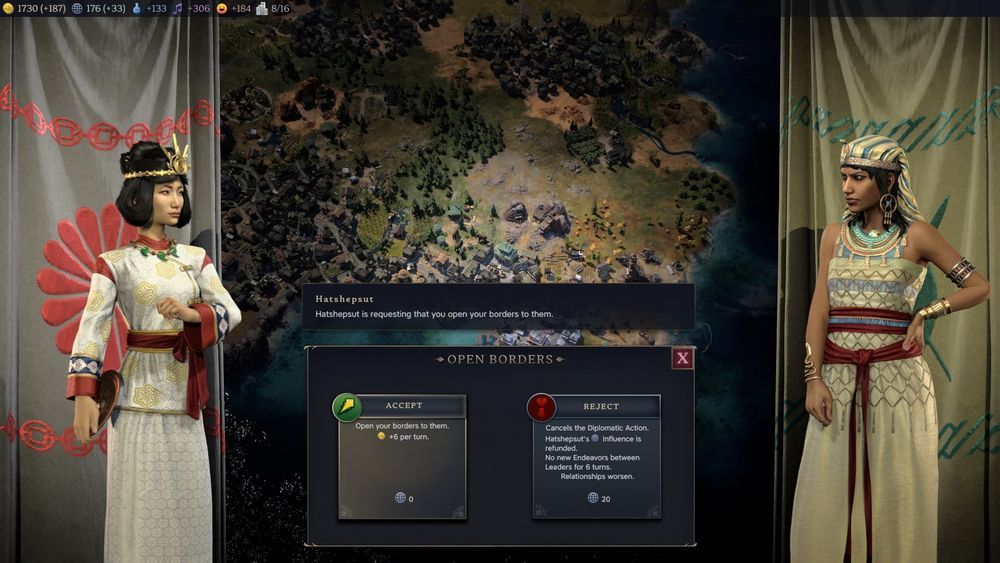 Two female leaders from Civilization look at each other