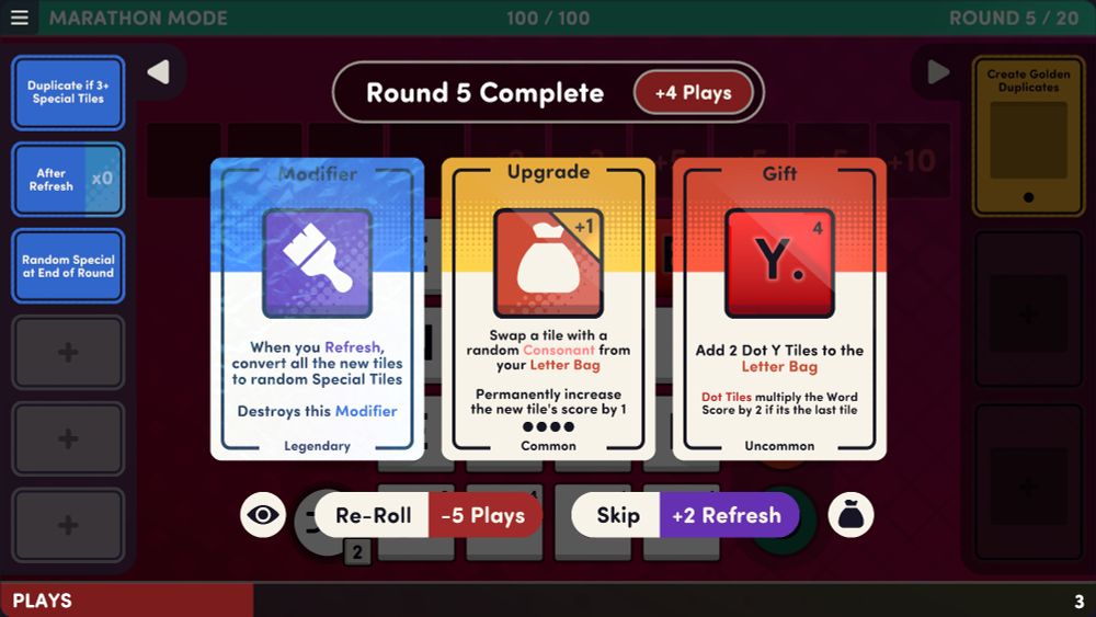 Screenshot of the game Word Play with a Modifier, an Upgrade, and a Gift to pick from