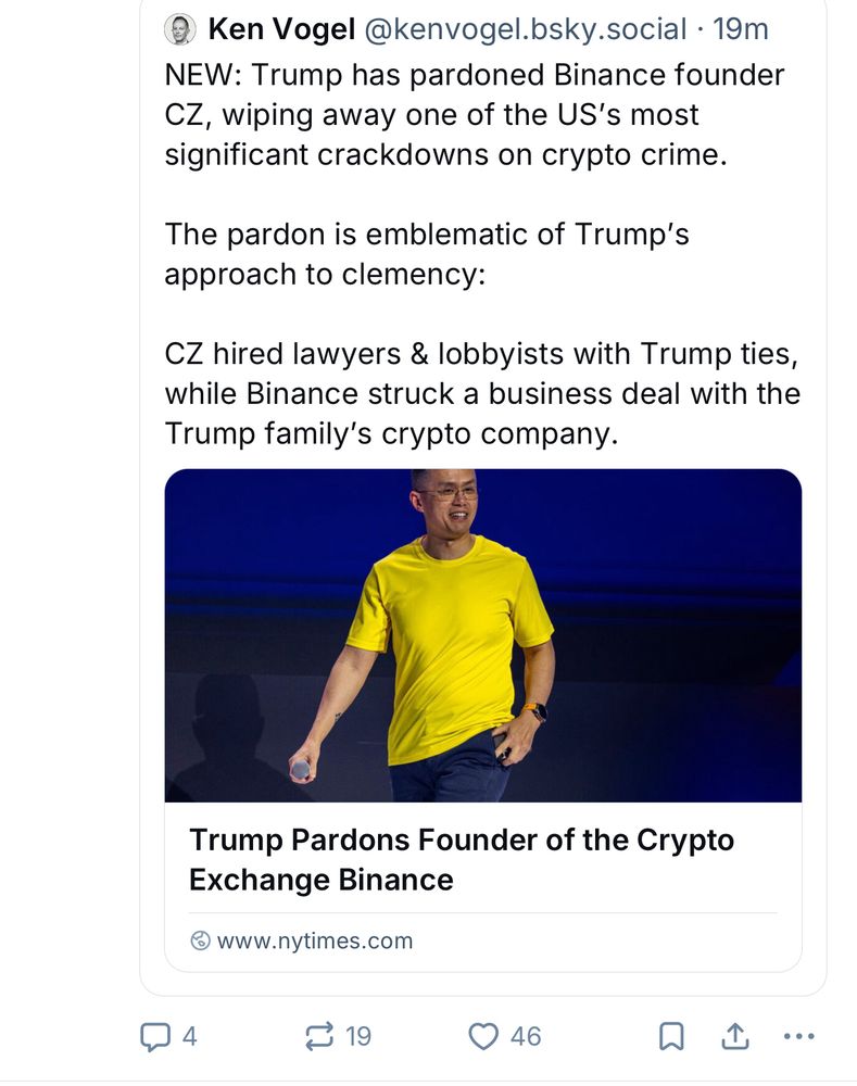 Post about Trump pardoning Binance founder CZ
