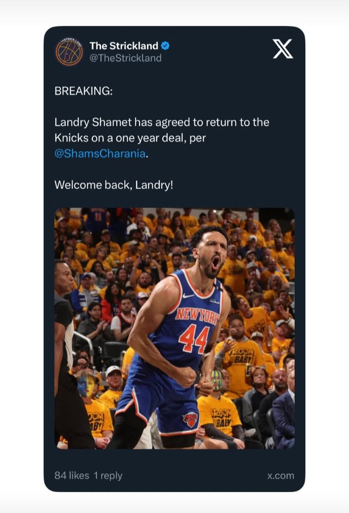 Photo of a post by The Strickland announcing that Landry Shamet has agreed to a one-year deal to return to the Knicks