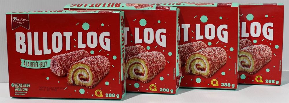 Four boxed of the absolutely delicious Canadian snack cakes known as "Billot Logs". (Or just "Logs" with the French translation "Billot" listed first. To this day, I'm not sure which is right.)