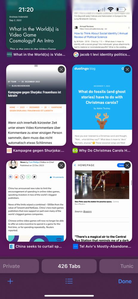A screenshot of mobile safari with 426 tabs open