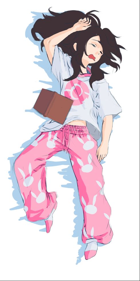 art by GezelVT

Polybrow's OC, Visio, sleeping in her pink and white PJ's, sprawled out messily and snoring, with a book half open lay across her torso. She's eepies