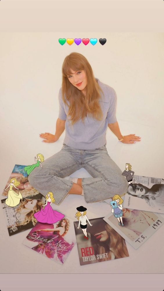 Taylor Swift posing with her first 6 albums original covers. Drawn on top of each is a personnification of the album by Alef Vernon.