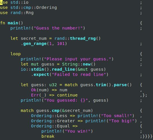 Rust programming language source code demonstrating a simple "guess the number" game, but with all of the syntactic characters such as ;, {, and } moved far to the right side, resulting in a code appearance similar to Python which lacks syntax braces and characters.
