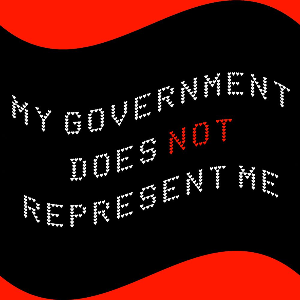 Design of a waving black flag on a red background. It has "MY GOVERNMENT DOES NOT REPRESENT ME" written on it.