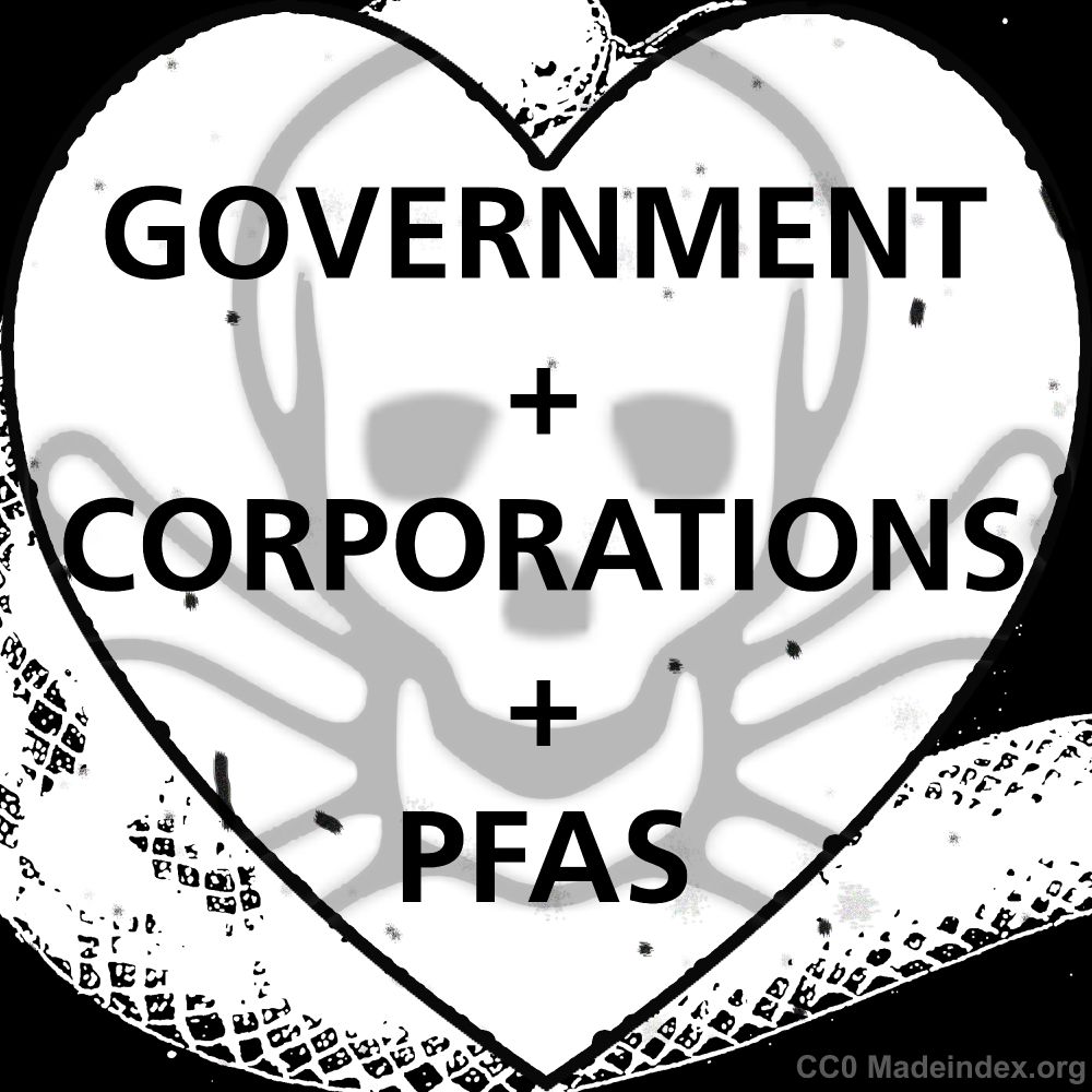 A black and white illustration featuring a heart with a skull at its center. Above the heart, the words 'Government + Corporations + PFAS are prominently displayed. Surrounding the heart, a snake winds its way around the design.