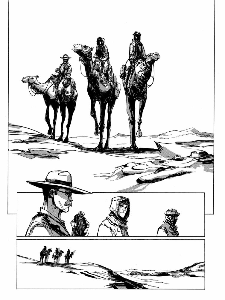 Large panel, three men on camels ride towards the viewer in a desert landscape. It is late morning, and the sun is already beating down.