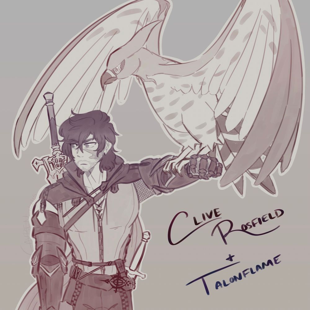 A sketch of Clive Rosfield (FFXVI) holding a Talonflame (Pokémon) perched on his arm.
Clive stands to the left of the viewer, body facing forward (towards the viewer), while his head is turned to face the viewer's left. He has a serious expression on his face.
He's wearing his in-game armor and sword, his left arm sticking up and out, for a bird, in this case a Talonflame, to perch upon. His left hand is in a closed fist, facing the viewer.
The Talonflame sits on Clive's arm, facing to the left of the image, its wings outstretched, almost going around Clive, like it is mid-flap.
To the bottom right corner of the image, is reads "Clive Rosfield and Talonflame" 