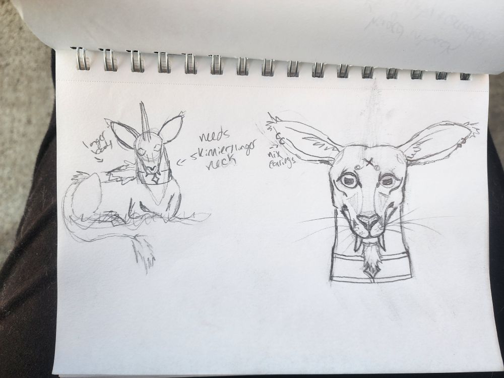 More concept sketches. A loose laying down pose as if a deer bedding down and a front facing sketch. 