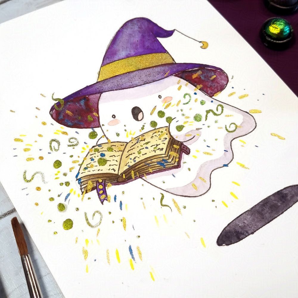 Art print of a ghost wearing a witch hat holding a spell book. Created in watercolours and metallic paints