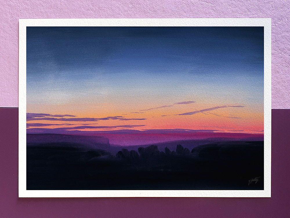 Gouache painting of a sunrise with clear skies and dark landscape