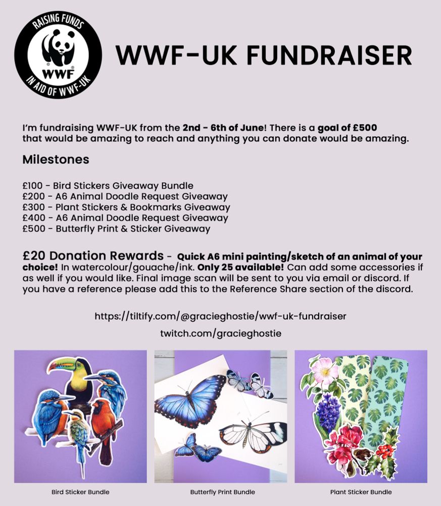 Fundraiser for WWF-UK on twitch at gracie ghostie. Milestones include £100 - Bird Stickers Giveaway Bundle £200 - A6 Animal Doodle Request Giveaway £300 - Plant Stickers & Bookmarks Giveaway £400 - A6 Animal Doodle Request Giveaway £500 - Butterfly Print & Sticker Giveaway. also £20 Donation Rewards -  Quick A6 mini painting/sketch of an animal of your choice! In watercolour/gouache/ink. Only 25 available! Can add some accessories if as well if you would like. Final image scan will be sent to you via email or discord. 
Three images at the bottom of graphic. Left a selection of bird stickers, red acrdinal, bee etaer, kingfishers and a toucan. Centre image, two butterfly prints, one blue and one glass wing with matching stickers. right image two bookmarks with monstera leaf motif alongside various flower stickers. Pink cherry blossoms, holly leaves, purple hyacyinth and dog rose