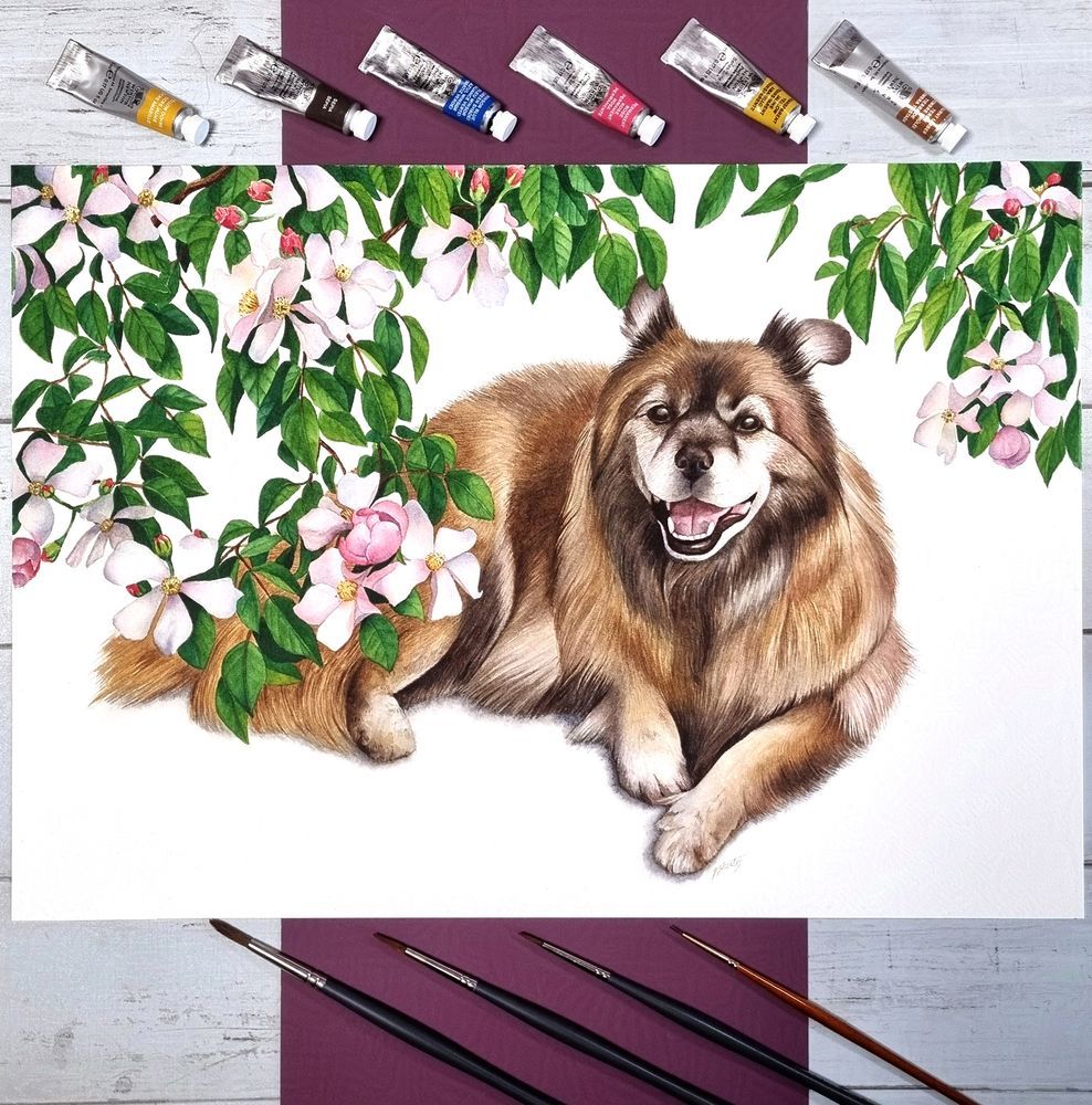 Watercolour painting pet portrait of a dog lying down beneath lots of wild roses and green leaves