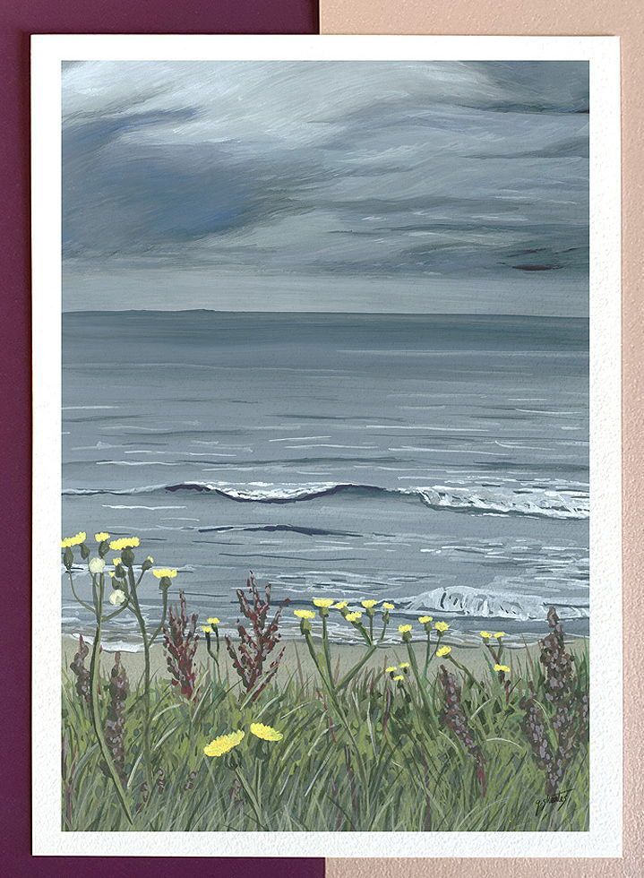 drak grey North Sea gouache painting with wildflowers in the foreground