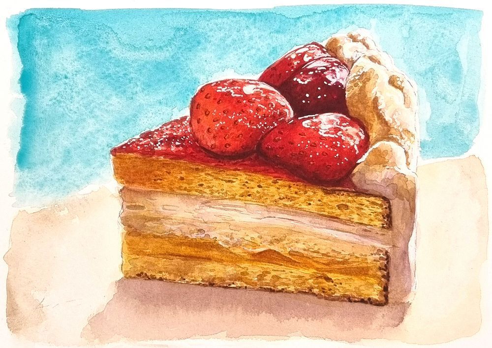 watercolou rpainting on hot pressed paper of a slide of sponge cake with glazed strawberries on the top with a cream frosting