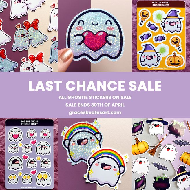 Last chance sale for grace skeates art . com for cute ghost stickers and prints. ghosts with rainbows, hearts, witch hats and pumpkins