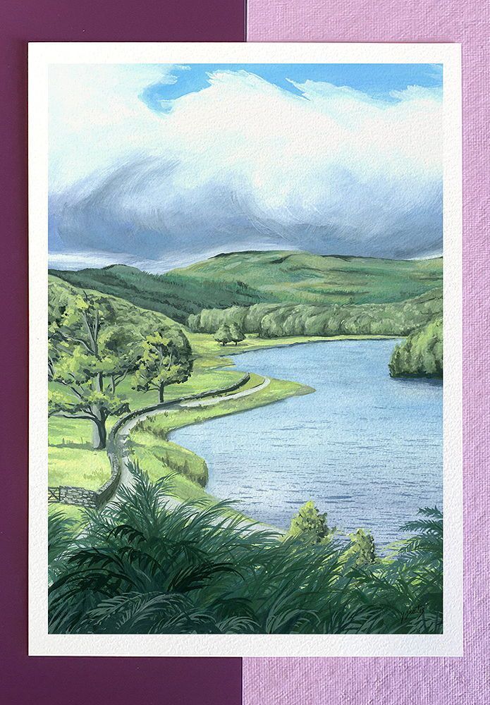 Gouache painting of Rydal Water at the Lake District. Lrage lake with trees and plants