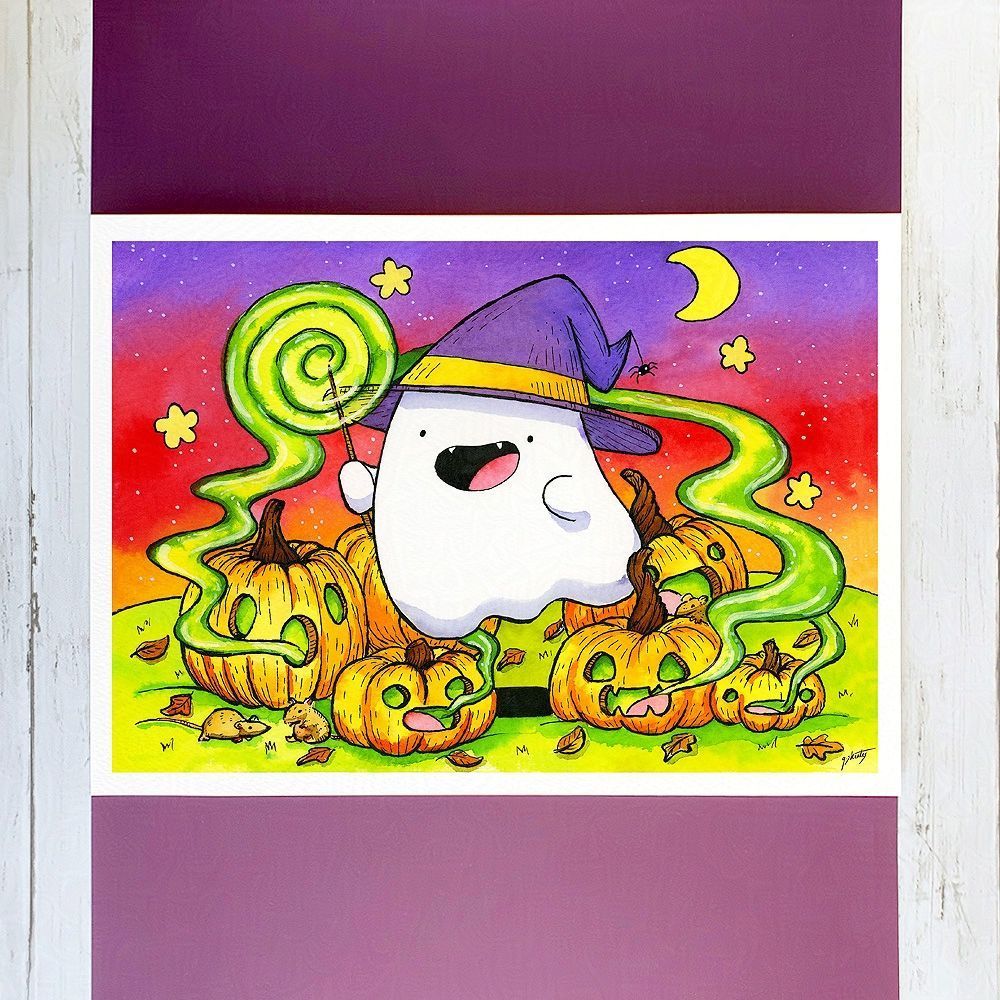 ghost art print for halloween. ghost wearing witch hat holding a wand casting spells on pumpkins against a starry sunset