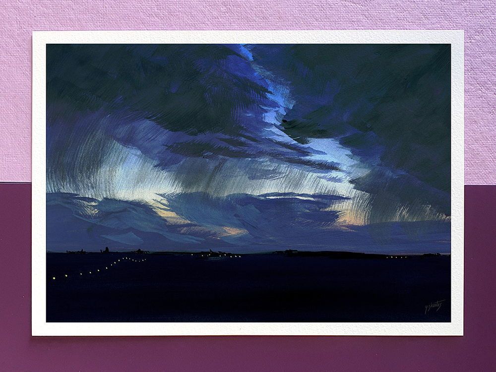 gouache painting of a sunrise behind dark rainy clouds. street lights in the distance