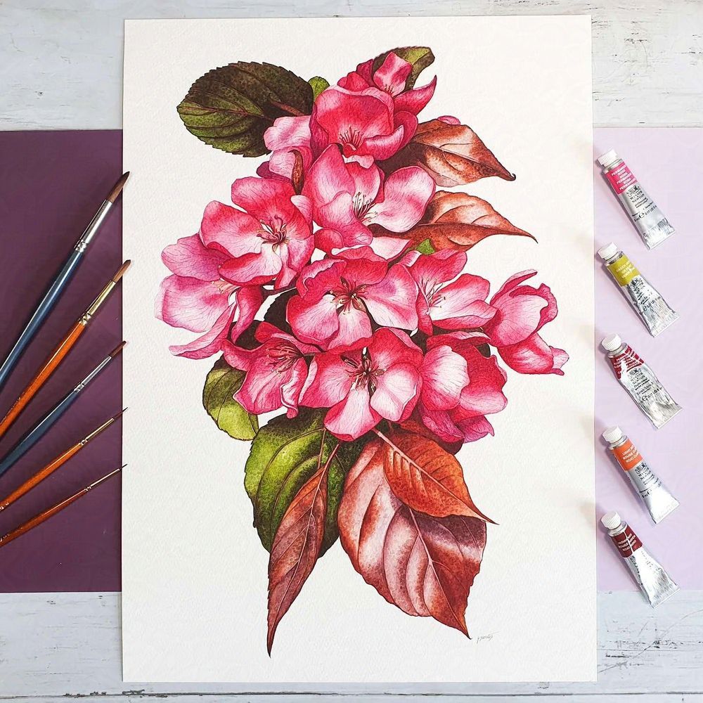 watercolour painting of pink blossoms with red and green leaves, paint brushes on the left and paint tubes on the right