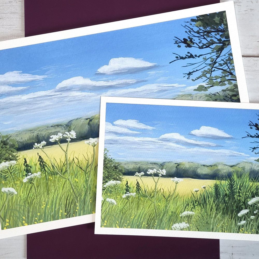 summer landscpe paintings with blue skies and clouds with grassy fields gouache painting