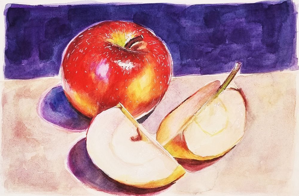 Gouache painting of a red apple and two apple slices