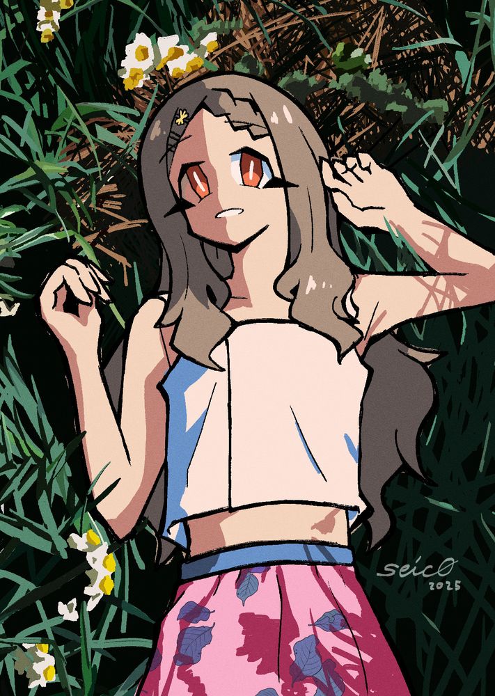 kokona aoba from yama no susume (encouragement of climb) lying in a grassy field with flowers