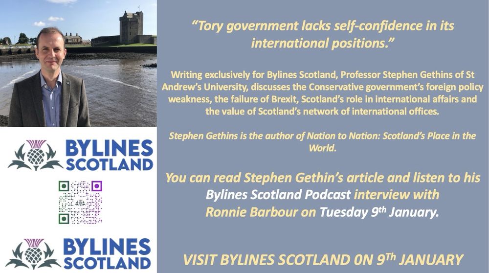 A picture of Prof Gethin with a text explaining his background and what he will talk about in the podcast with Bylines Scotland’s logos