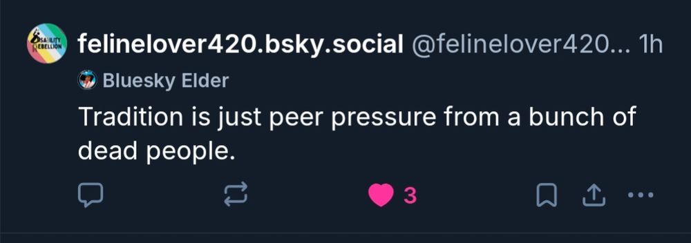 A post from @felinelover420.bsky.social
Post reads: Tradition is just peer pressure from a bunch of dead people.