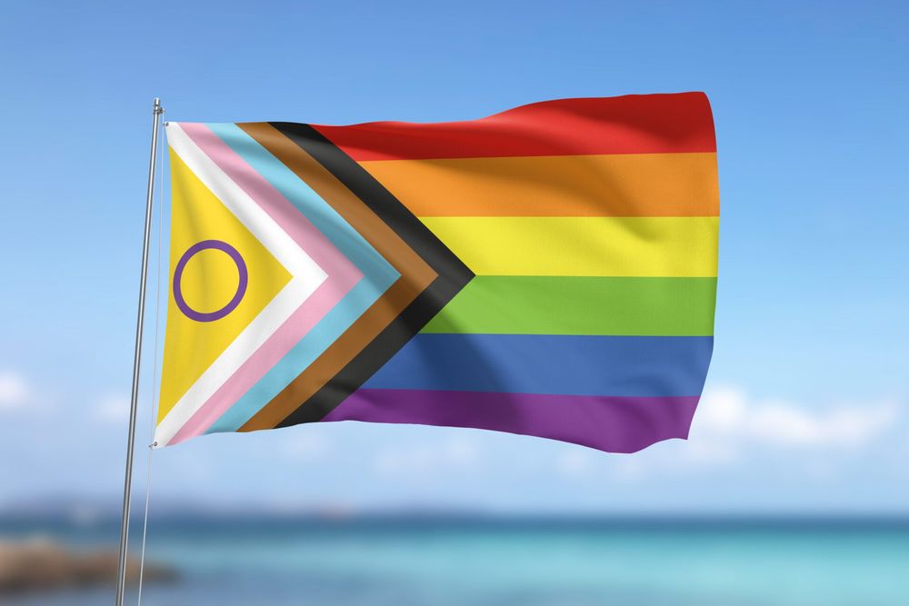 A photo of the Pride Progress Flag against a blue sky and over the sea. 