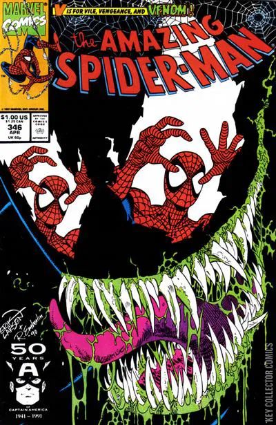 Amazing Spider-Man 346 cover by Erik Larsen. Venom all drooly with Spider-man shitting himself reflected in his eyes