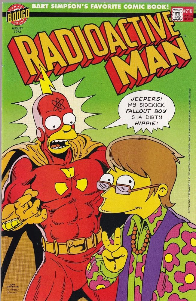 Radioactive Man Comic #216. A shocked Radioactive Man says 'Jeepers' at the sight of a hippified Fallout Boy. Thnks fr th cmcs!