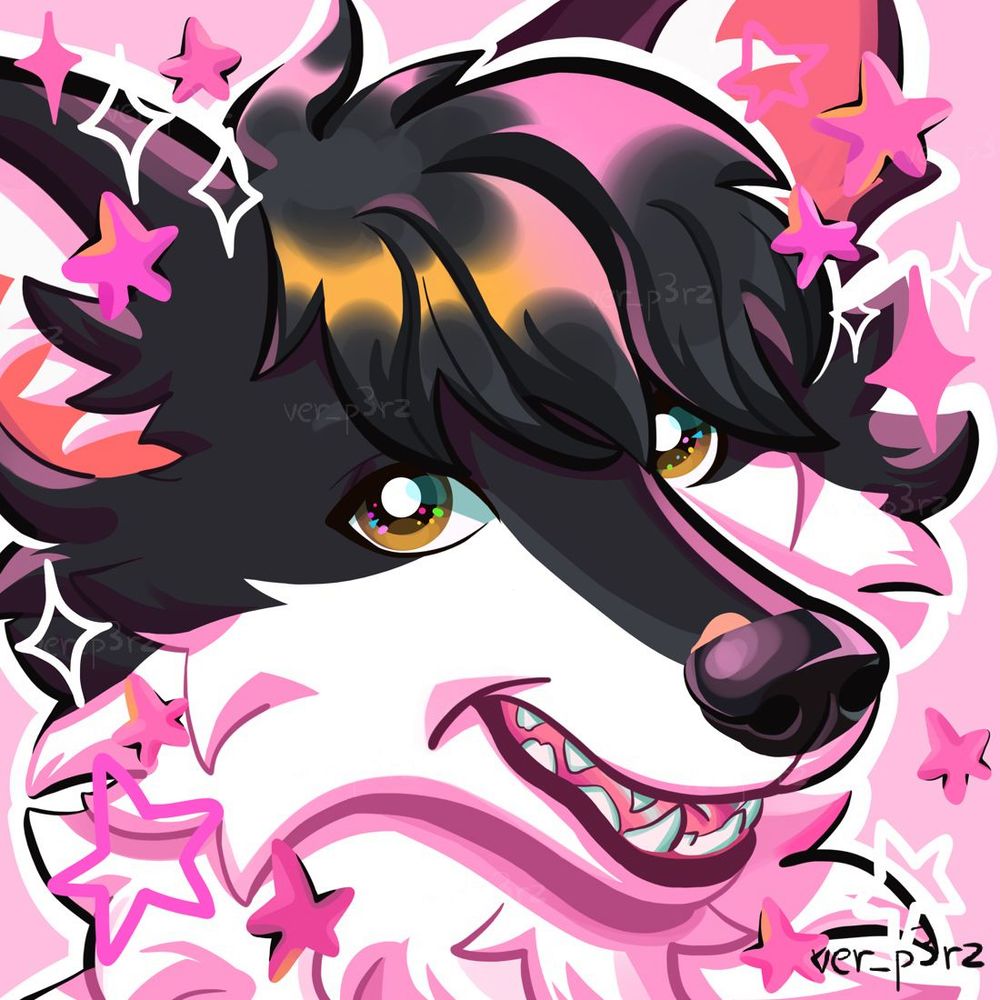 Colorful illustration of an anthropomorphic white and black wolf with black short hair smiling. There are pink stars around and the background color is pink.