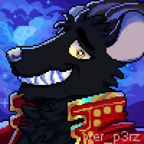 Pixel illustration of an anthropomorphic black rat wearing a red jacket with golden ornaments smiling. The background is a night landscape with the moon and clouds around.