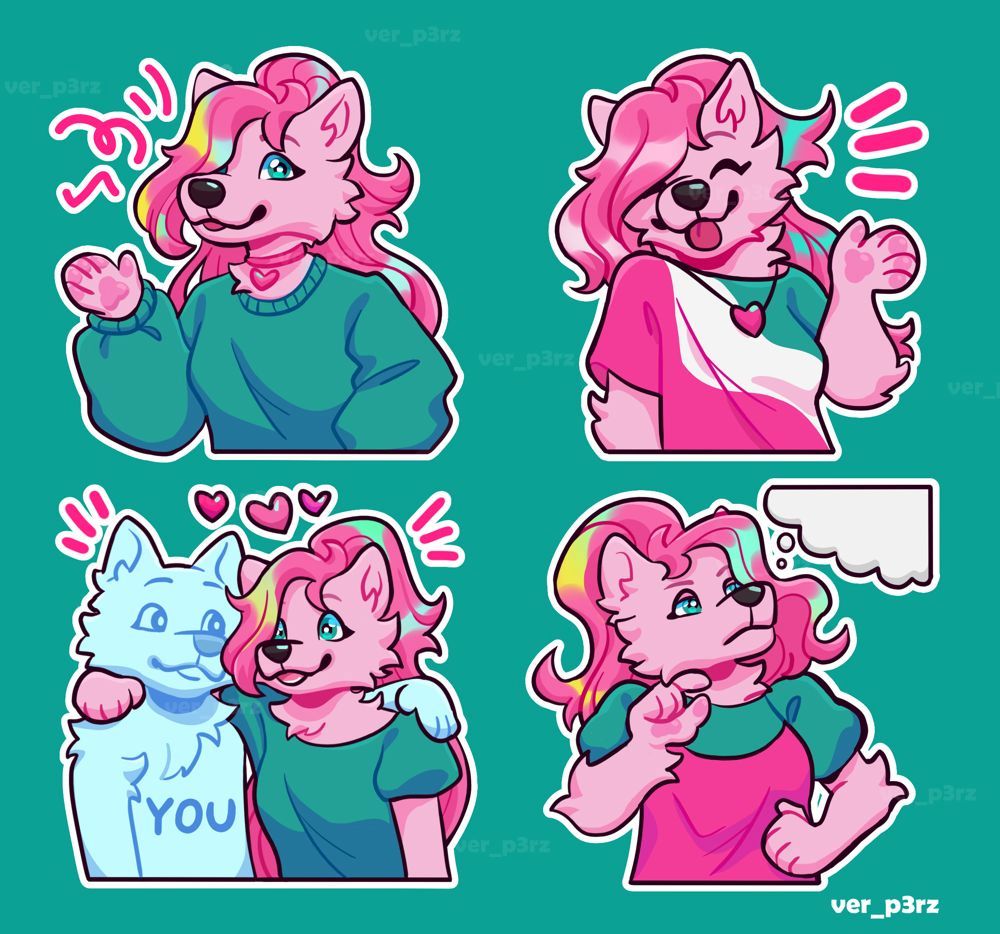 Four half-body drawings of an anthropomorphic pink wolf with long pink hair. 
In the first drawing, she is talking with her right hand raised, in the second drawing she waves happily with her left hand. 
The third drawing depicts her and another anthro wolf talking and putting their arms around each other's shoulders. 
The fourth one shows her thinking with her right hand under her chin and looking up at a thought bubble.