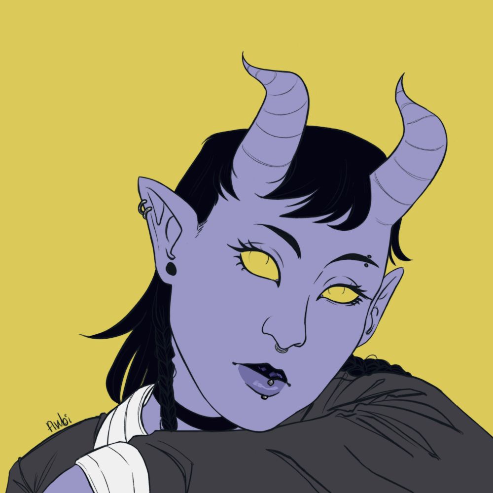 a light blue tiefling stares at the viewer with their head on their arms