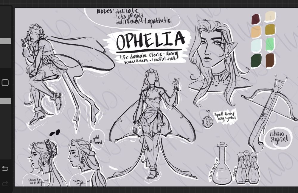 A reference sheet depicting a fairy character with Luna moth wings in various poses and with various items they carry off to the side.