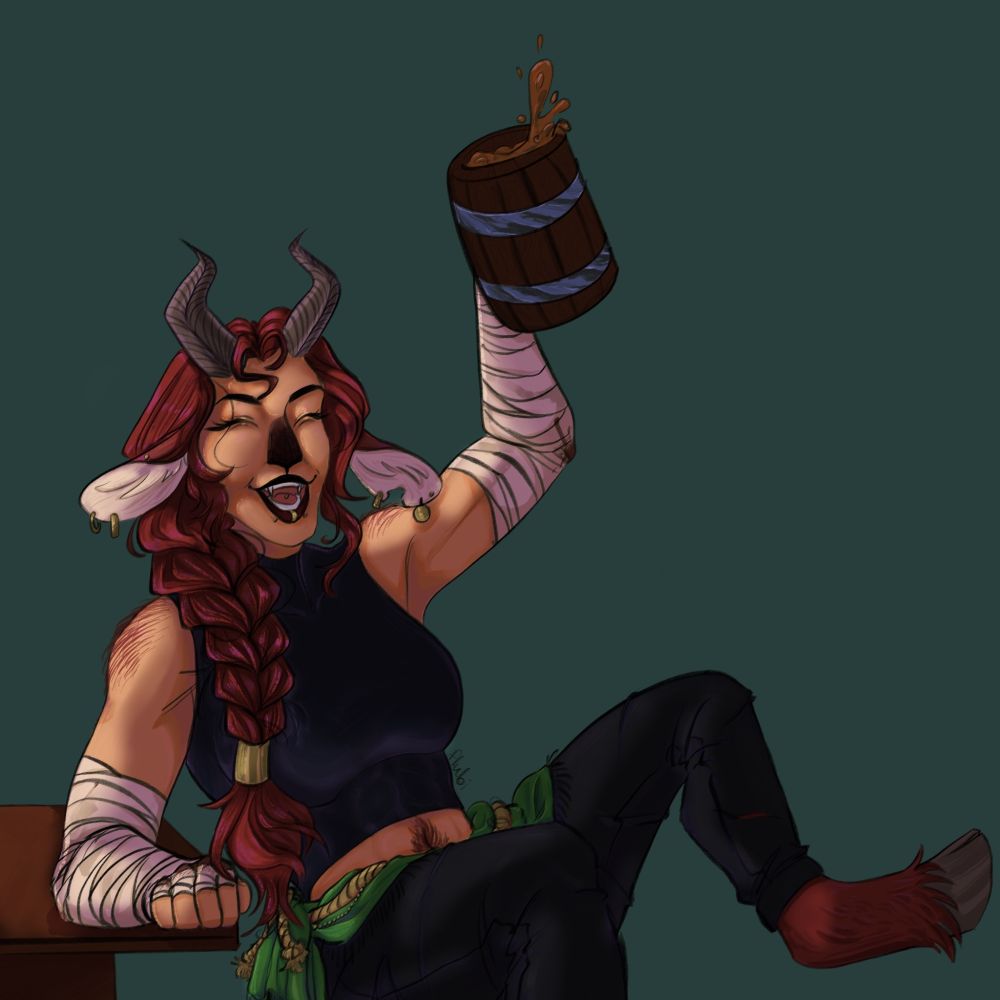 a red haired satyr holds up a tankard of beer with a cheerful expression