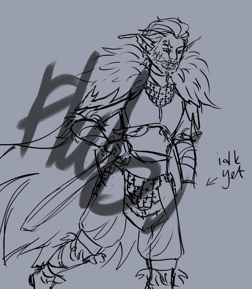 A half-elf with a masculine appearance clothed in armor and furs is striding forward with their hand on the pomel of their sword.