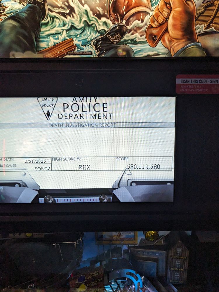 A picture of a JAWS Premium pinball table with a score of 580,119,580 set by RHX