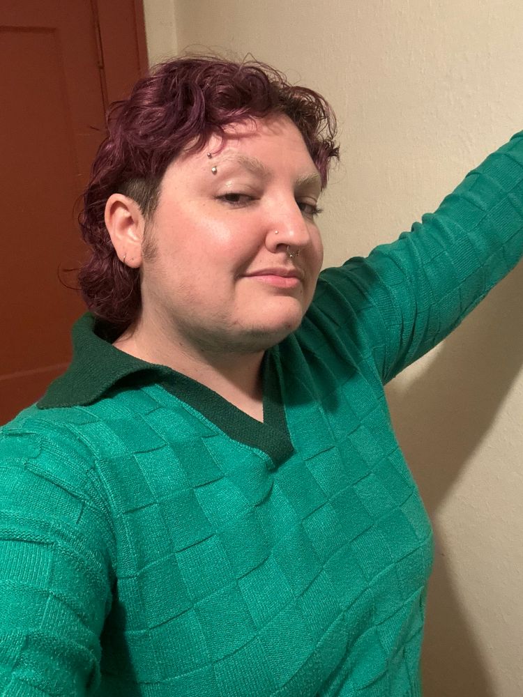 Malke standing against a wall in a green sweater with a collar, their hair is purple and cut in a mullet. They look very smug 
