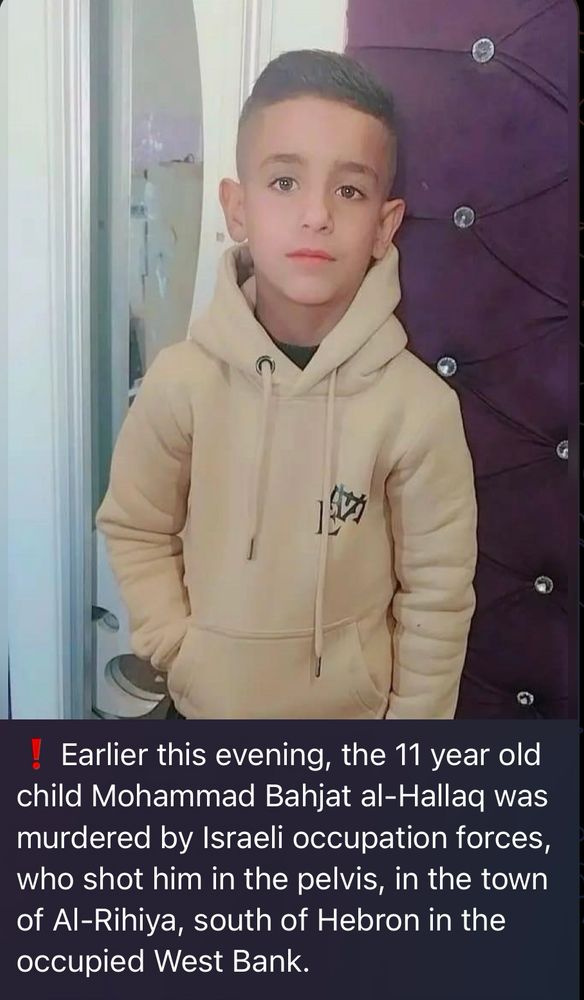 Terrorist state israhell murdered this sweet child, Mohammed Bhajat al-Hallaq just 11 years old. He was shot in the pelvis. 