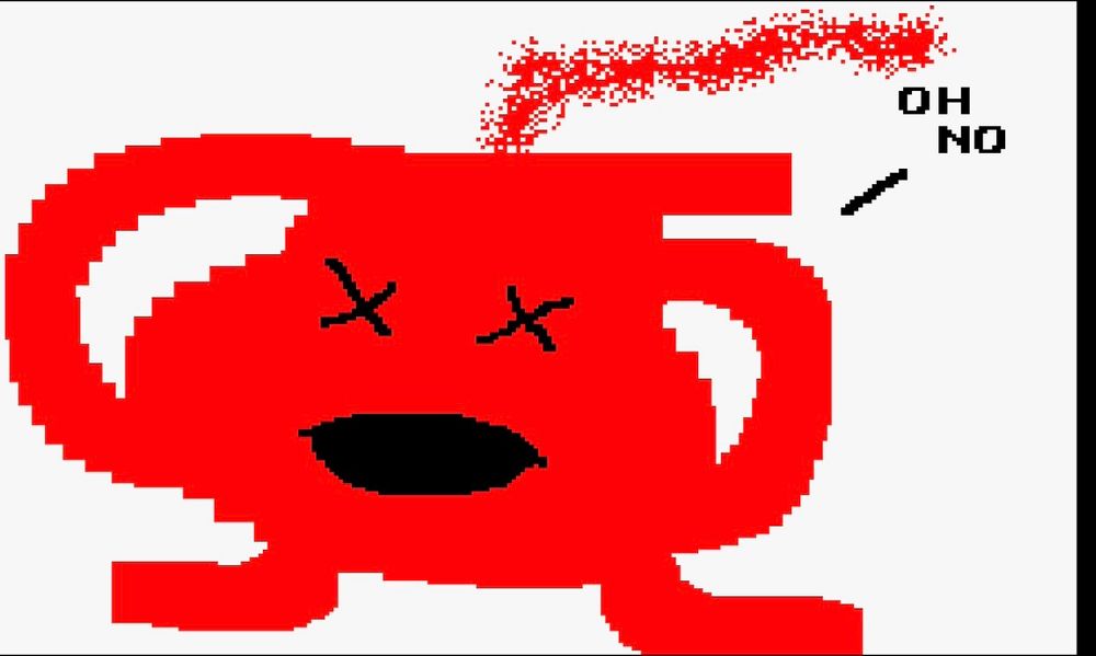 Mario Paint rendering of the Kool-Aid Man with red Xs for eyes saying “oh no” as drink splatters from the top of its head 