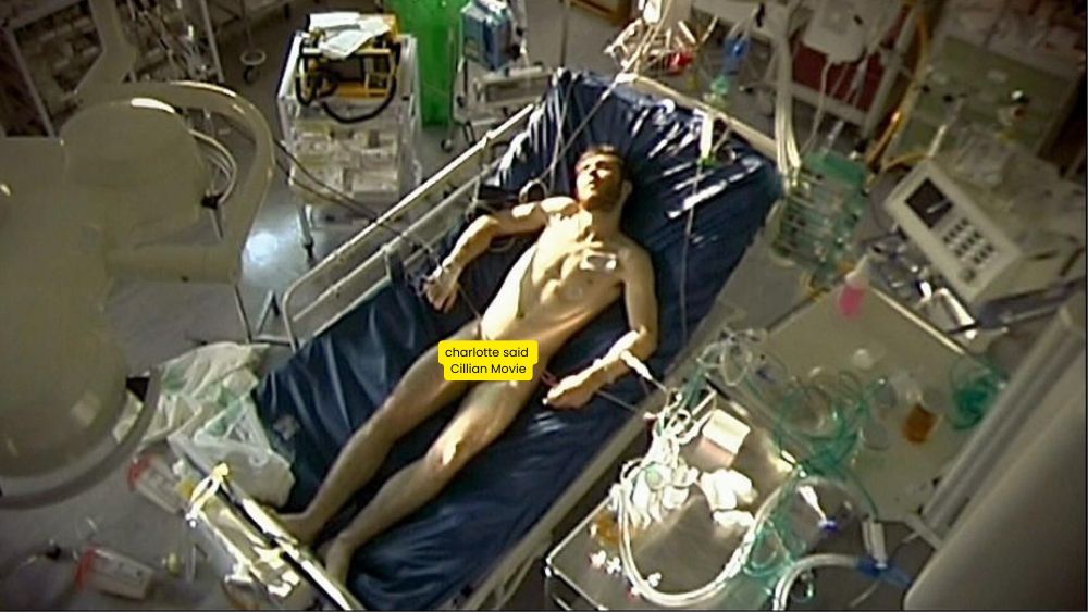 cillian murphy lying on the hospital bed in 28 days later with his thing out except you can't see it because i've put "charlotte said cillian movie" over the top in black text on a yellow background. she did say that but it doesn't matter really we all make mistakes