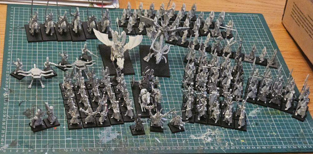 3rd to 6th edition Warhammer Fantasy High Elf army.
Silver Helms, plastic archers with metal command, plastic spearmen with metal command, 6th ed Swordmasters, 4th ed Phoenix Guard with 6th ed Command, Tiranoc Chariot, Warhammer Quest Elf Ranger, Teclis, 4th ed Imrik, Thaindon riding Kargos the Despoiler, Bolt Throwers... and several extra Command Groups.