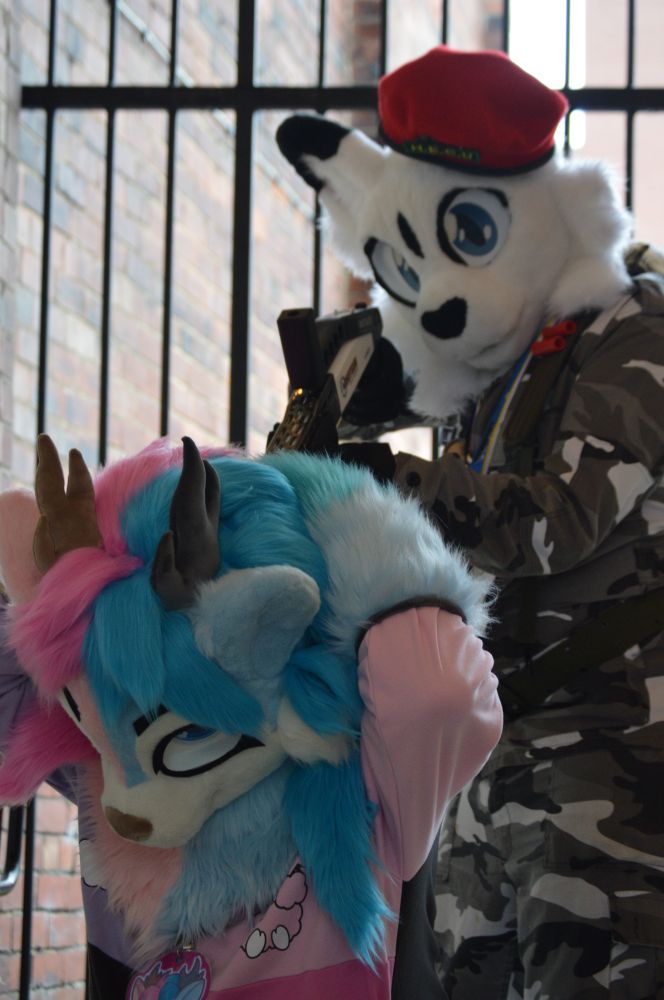 Photo of Phi, pink and blue deer fursuit, being held at gunpoint by Lakewood, white cat fursuit wearing military camo and the red beret featured in the previous post 