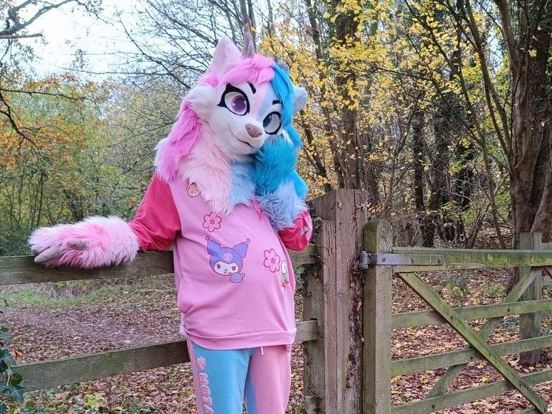 Photo of Phi, pink and blue deer fursuit. She is wearing a pink Kuromi hoodie, leaning on a fence and tilting her head. There are autumn leaves and trees in the background