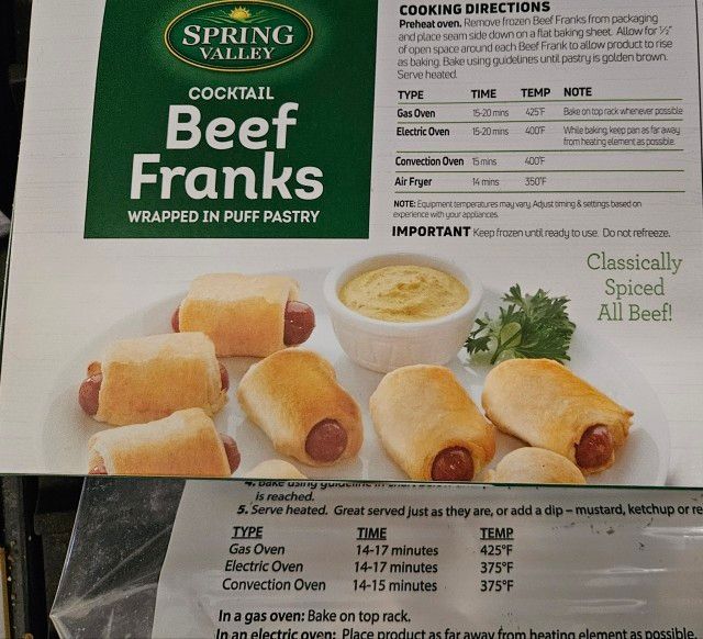 A package of cocktail franks.  The cooking time and temperature on the exterior box and the interior plastic bag are different.