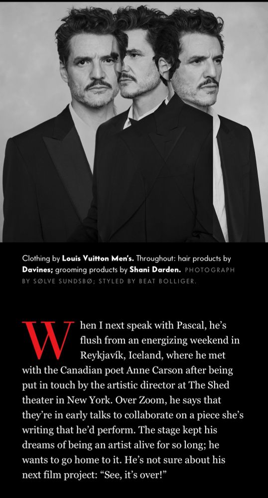 screenshot from an article that says Pedro Pascal met with Anne Carson and she’s working on writing something for him to perform 